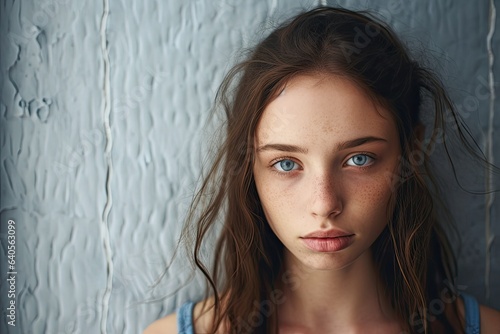 Sad brunette with blue eyes standing by textured wall looks beautiful. Photo generative AI