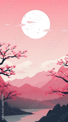 flat minimal sakura pink color sunset mountains winter rose background wallpaper
