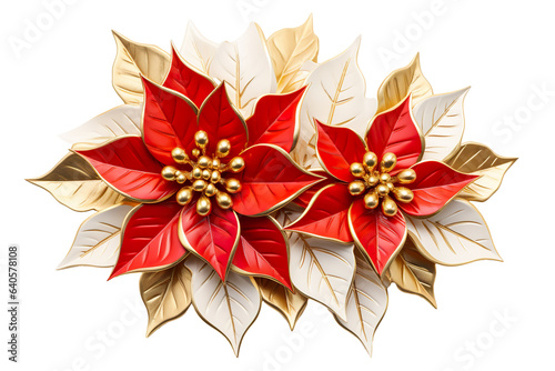 3D Red and Gold Christmas poinsettia decorative White background isolated PNG
