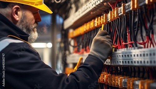 Close-up of a male electrician working on a fuseboard