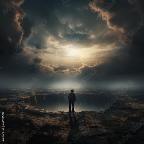 Artwork of a Person Standing Before a Massive Crater