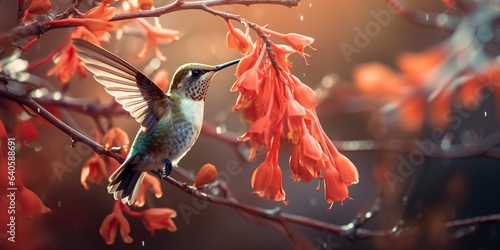 Rufous hummingbird eats crocosmia flowers, beautiful bird