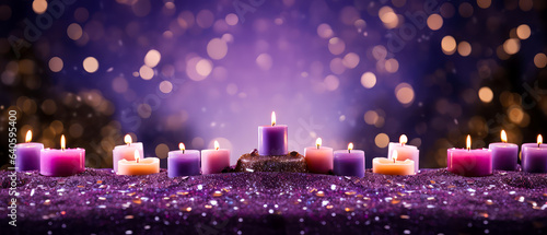 Purple Christmas composition with candles, decoration, lights, bokeh. Merry Christmas and New Year background. Holidays purple template. Generative ai