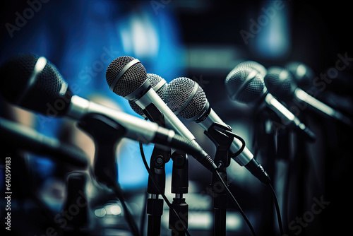 Group of media microphones on a press conference