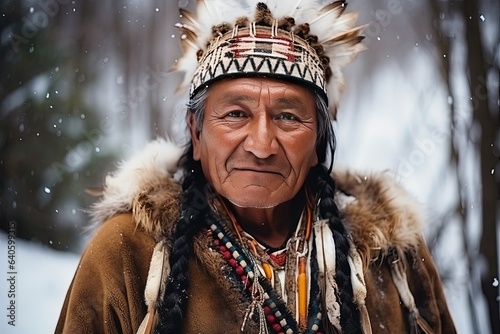 Portrait of native american indian with tribal headdress in winter forest. Close-up image.