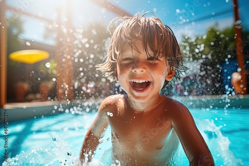 Little boy has fun in the outdoor pool. Splashes of water and bright sun are all that children need for happiness.