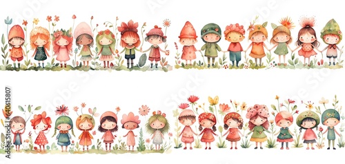 watercolor painting style illustration of cute young children play together in spring garden, Generative Ai