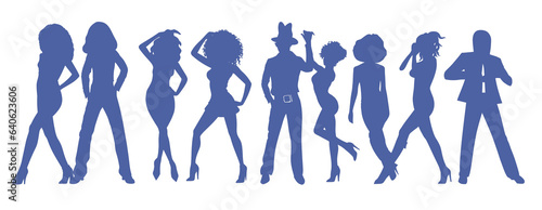 A group of retro 70s disco dancer blue silhouettes in groovy poses