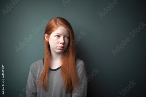 portrait of an introverted teenage girl standing against a grey background