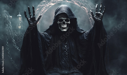 skeleton fear evil hood ghost halloween horror night death creepy. Generative AI.