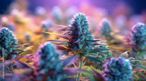 Cannabis big bud plants - purple background - space atmosphere - psychedelic cannabis cbd - Generative AI