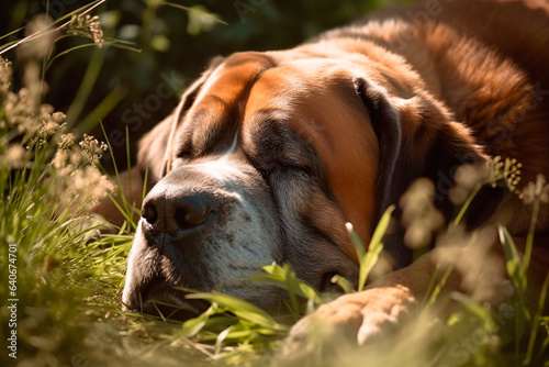 Big dog close-up sleeping on the grass, summer