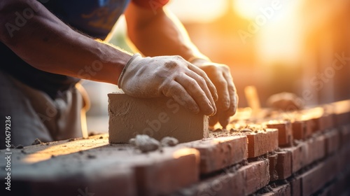 Closeup of bricklayer hands laying brick wall of house