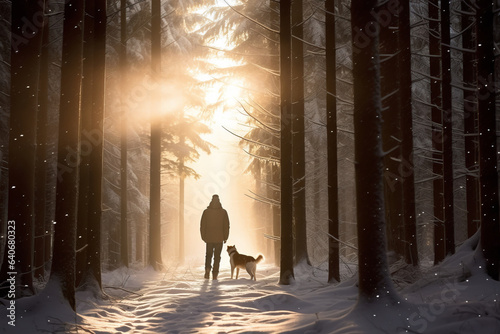 A man and his pet dog walking though a snowy forest on sunny winter day. Adventurous young man and his dog on a walk. Hiking and trekking on a nature trail. Traveling by foot.