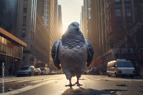 Giant huge enormous pigeon walking city street on busy morning.