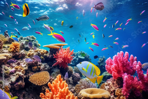 Colourful fish swimming in underwater coral reef landscape. Deep blue ocean with colorful fish and marine life.