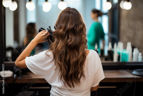 Elegant transformation Rear view as hairdresser crafts hairstyle for brunette woman in salon