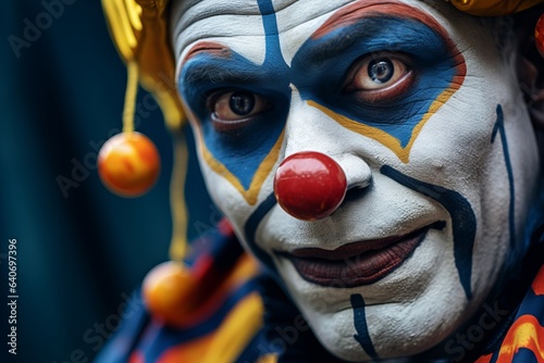 Scary creepy smiling clown circus jester joker villain carnival murderer horror halloween adult man evil expression make-up bizarre dark actor spooky monster face sinister staring frightening close-up