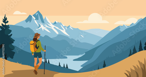 Adventure tourism and travel concept. Woman traveler with backpack wearing trekking gear standing on the top of hiking trail and looking at the mountains landscape. Vector illustration.