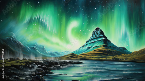 oil painting on canvas, view of Kirkjufell in the night in Iceland. Beautiful landscape, Iceland. (ai generated)