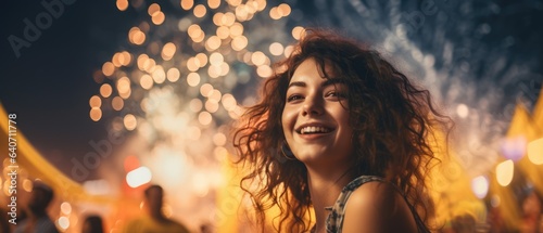 portrait Beautiful girl enjoying on music open air festival with group of millennials dancing with joy and excitement at a lively music festival on fireworks light background, Generative AI