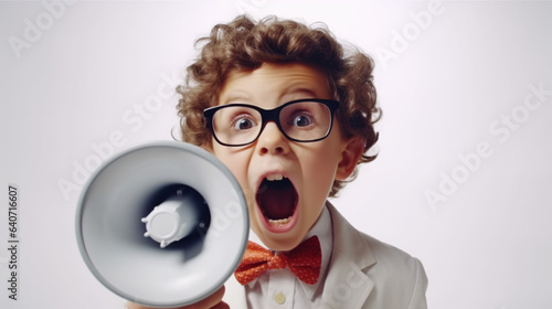 メガフォンを持ってメッセージを伝える子供のイラスト boy shouting a message through speaker megaphone.