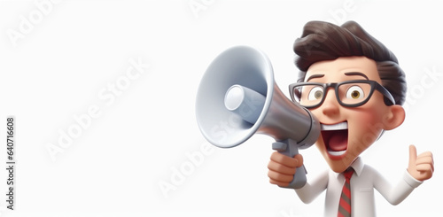 メガフォンを持ってメッセージを伝えるビジネスマンのイラスト man shouting a message through speaker megaphone.