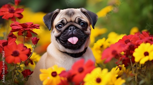 A small pug puppy with a happy grin with space for text surrounded by vibrant flowers in a garden, providing a cheerful atmosphere and a blank space for text. AI generated.