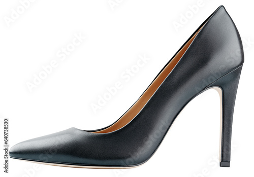 Single black leather high heeled women shoe or Stiletto isolated on transparent background