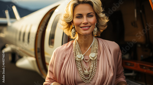 Luxurious woman in 50s, adorned with pearls, exudes charm against a blurred private jet backdrop, portraying affluence and status.