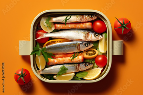 Delicious fresh sardine with vegetables in a container on a colored background, top view