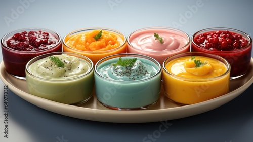 An image of various sauces elegantly poured into separate bowls on a white background.