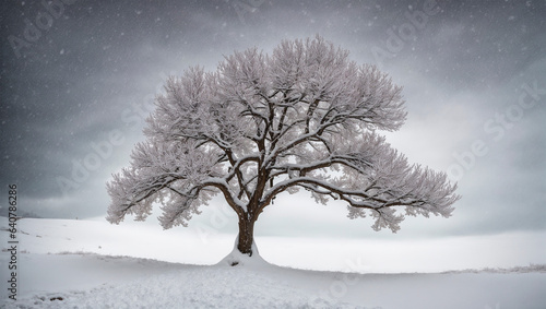 The illustration focuses on a lone tree standing at the entrance to the village as a snow storm approaches. The branches of the tree bend from the force of the wind, and white snowflakes fill the enti