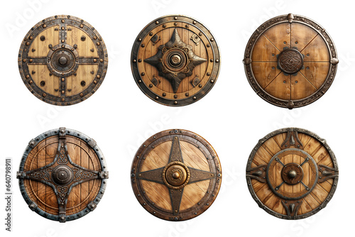 Generative AI, PNG set of old wooden viking shield, protective sign from mediaeval times