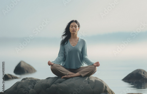 A young woman meditating on a rock at the seashore on the beach, practicing mindfulness and focused breathing to improve her mental well-being.breathwork concept