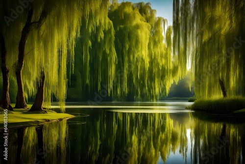 A serene pond surrounded by weeping willow trees and their cascading branches. 