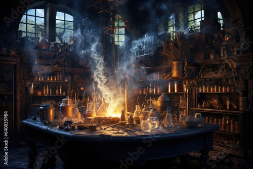 Witch’s Alchemical Workshop Filled With Boiling Flasks and Smoke Drifts Out, Arcane Ingredients and Spellbooks