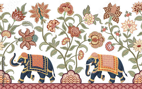 Walking Indian elephants floral seamless border. Chintz wallpaper.