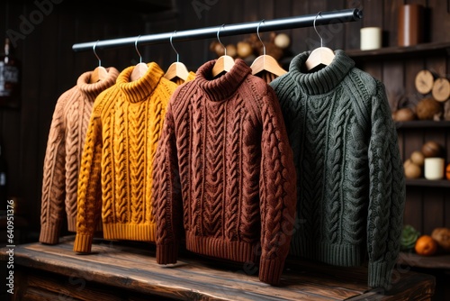 Knitwear for men on a wooden background.Showcase in a store with a presentation of knitwear. photo