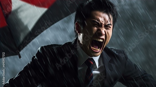 夜雨の中で仕事のストレスで怒り叫ぶ・激怒するアジア人ビジネスマン・憎悪・憎しみ・恨み・悔しい・裏切り 
