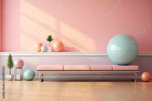 Interior of a living room with pink sofa and fitness ball. Space for yoga or meditation.