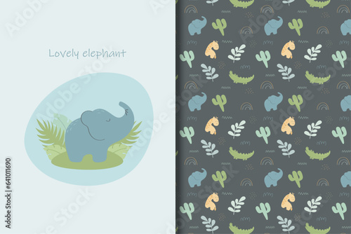 Lovely little baby elephant, crocodile and giraffe jungle animals character. Kids seamless background pattern and card template. Nursery print design vector illustration.