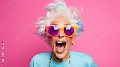 A woman with white hair and sunglasses making a funny face