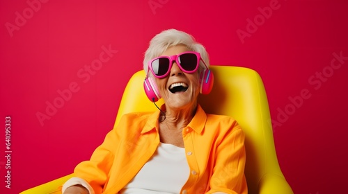 An elderly woman enjoying music with headphones