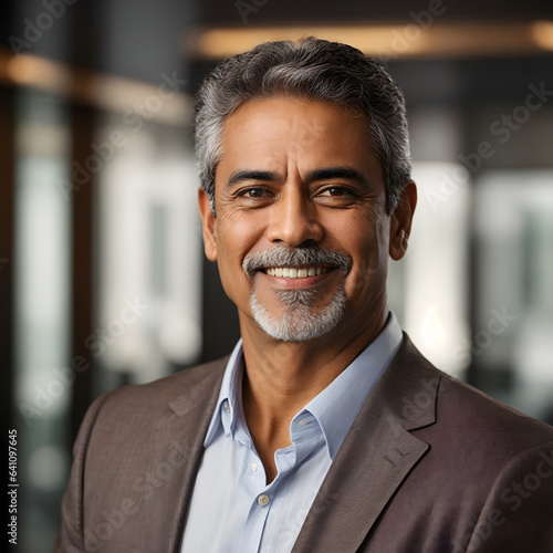 Headshot close up portrait of indian or latin confident mature good looking middle age leader. Image created using artificial intelligence.