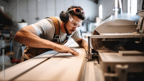 Male carpenter using sander on a piece of wood in a carpentry workshop.