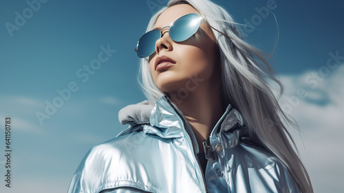 blond caucasian fashion model wearing silver outfit against sky background 