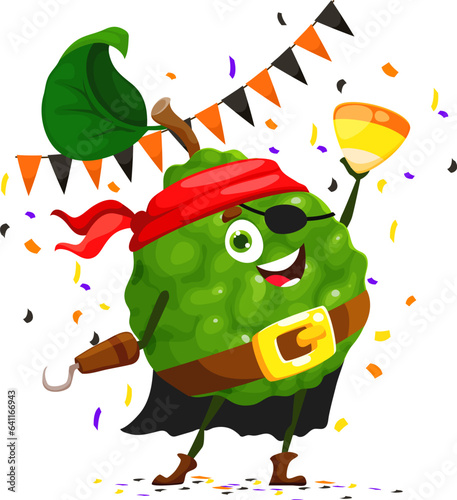 Cartoon funny Halloween fruit cherimoya character in holiday costume, vector pirate. Cherimoya fruit pirate or captain with hook hand, eyepatch and filibuster bandana for Halloween horror monsters