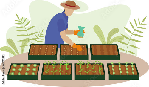 the farmer sowing seeds in plant box vector illustration, the vegetable farmer sows grains, planting seeds in garden