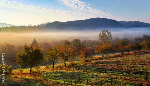 Rural field and orchard in autumn at sunrise. Mountainous countryside with fog in distant wally
